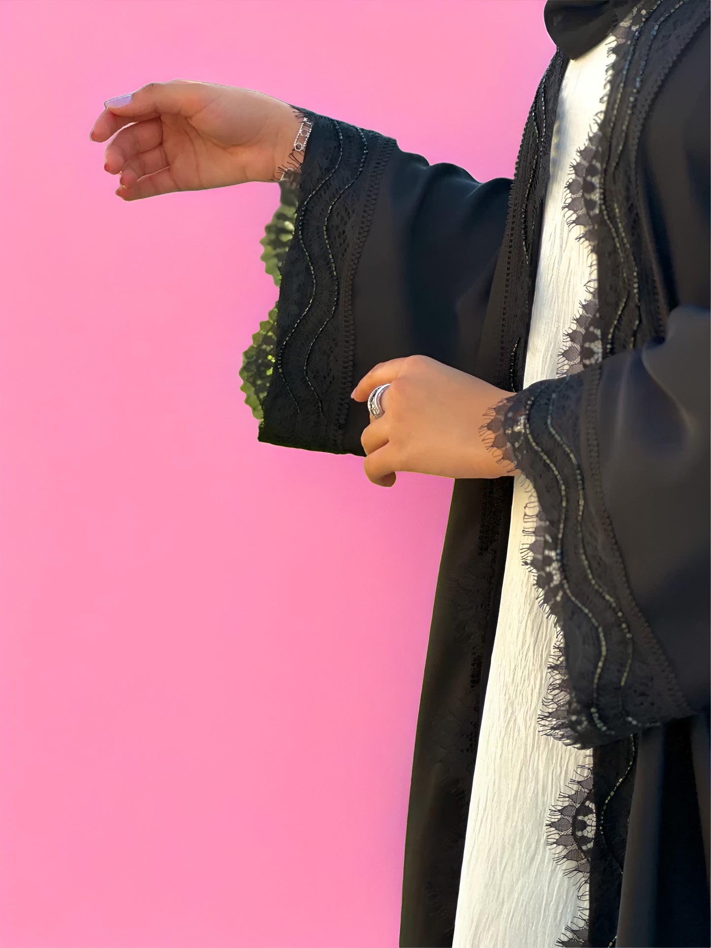 Elegant Lace Dantel Abaya with Intricate Handwork Design