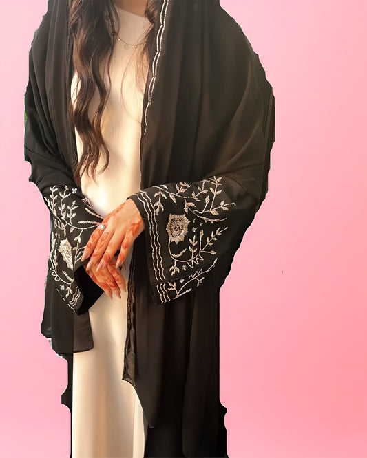 Black Nada Abaya with Elegant Rose Gold Sleeve Detailing