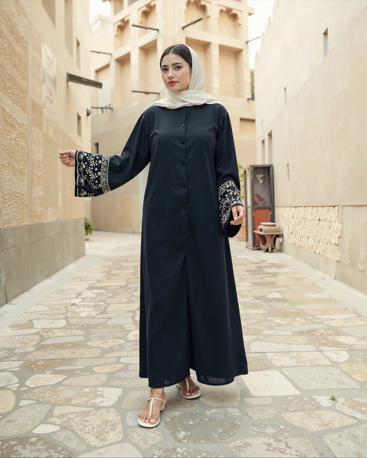 The "Golden Tapestry" Abaya – Classic Black with Intricate Cuff Embroidery