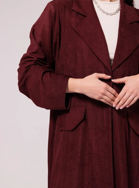 Burgendy Trench Shamwa Abaya With Matching Headscarf blazer cut work n office abaya