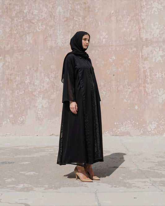 Chiffon Black Abaya with Intricate Lace Panel Detailing