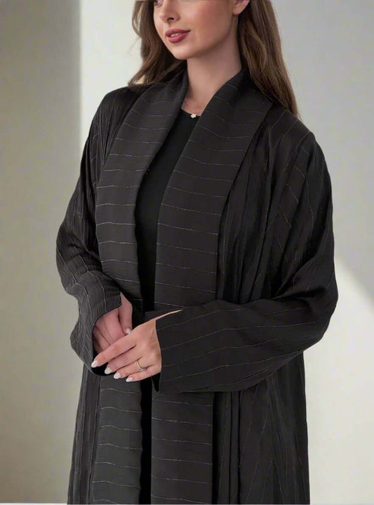 Textured Black Open Abaya with Subtle Stripe Detailing