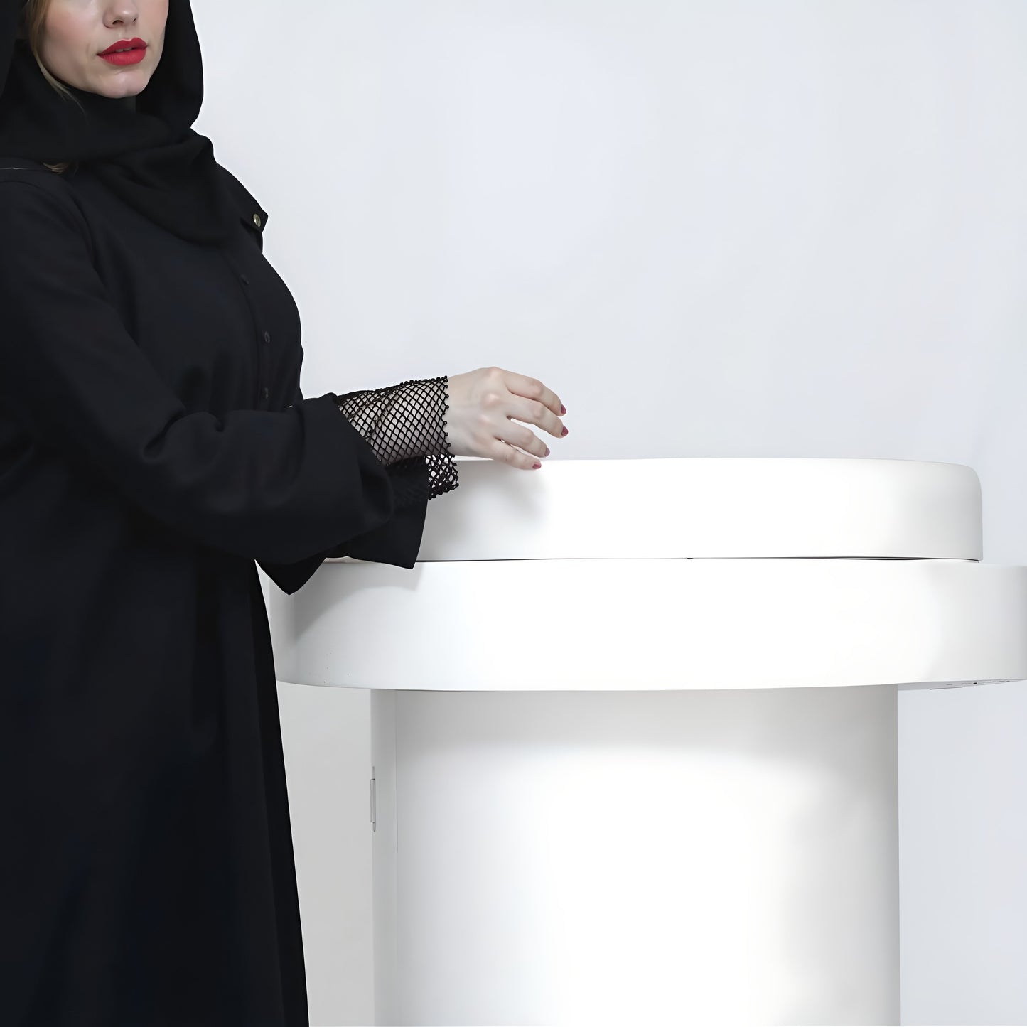 Black Button-Front Abaya with Mesh Cuff Detailing – Modest Elegance
