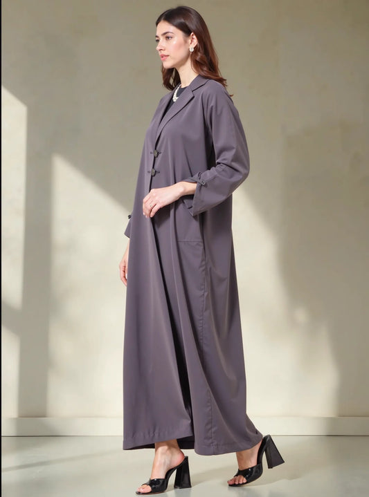 Elegant Front-Button Abaya with Pleated Sleeves – Smoky Grey