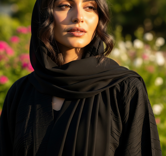 Woman wearing a black hijab with a blurred floral background